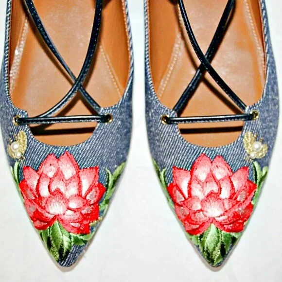 Aquazzura AUTHENTIC Belgravia Lotus lace-up denim point-toe flats